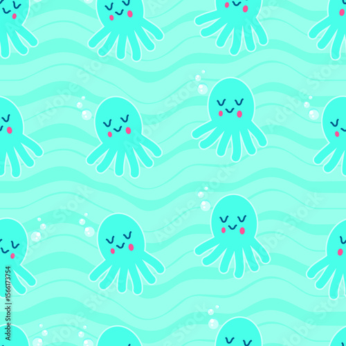 Vector seamless pattern with squid and sea animals.