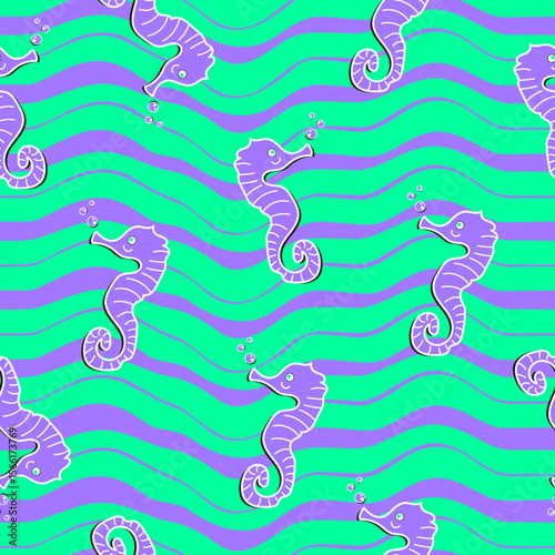 Vector seamless pattern with seahorse and sea animals.