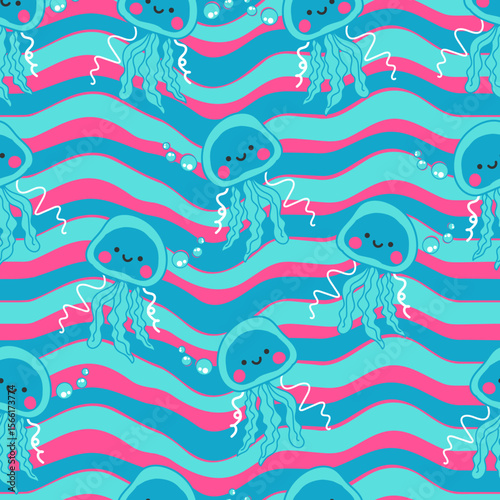 Vector seamless pattern with jellyfish and sea animals.
