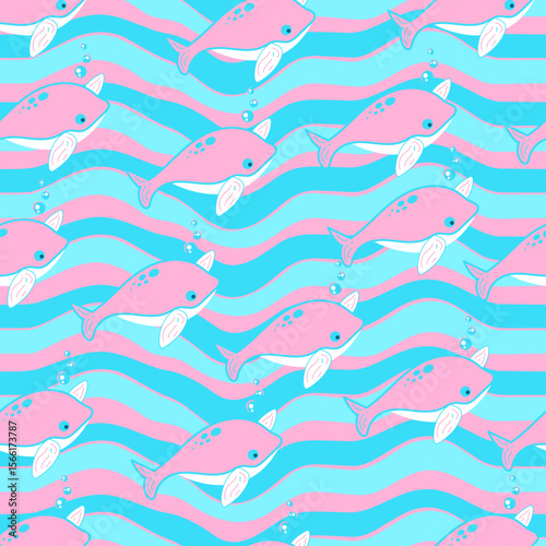 Vector seamless pattern with cute whale and sea animals.