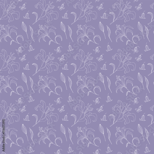 Seamless pattern with white lilies. Hand-drawn vector illustration for wallpaper, wedding, background, cards. 