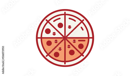 Stylized flat icon of a pizza with red crust and toppings on a white background