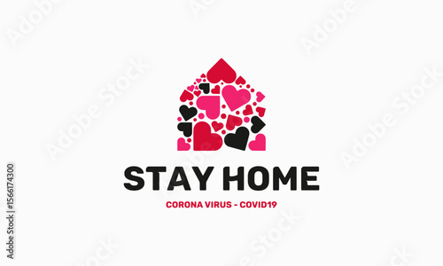 Stay home quote text, hash tag or hashtag. Coronavirus COVID 19 protection logo, Stay at home slogan with house and heart vector
