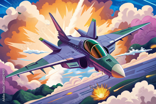 air combat illustration featuring a fighter jet mid-flight and a dramatic explosion cartoon vector ideal for aerial war game assets, posters, and military-themed visual content.