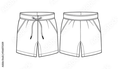Fashion flat sketch of mens shorts front and back view with drawstring and pockets