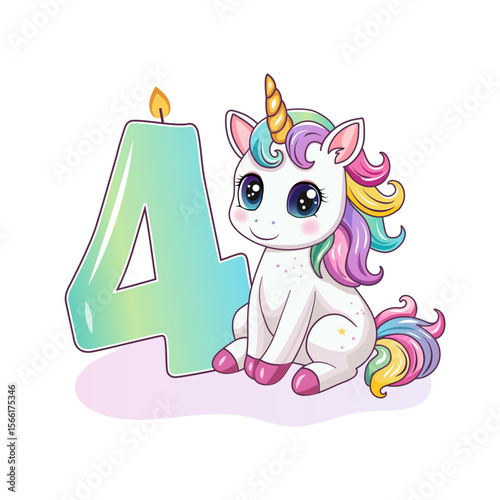An invitation to a birthday party. Cute unicorn with the number 4. Vector illustration.