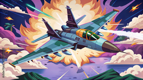 air combat illustration featuring a fighter jet mid-flight and a dramatic explosion cartoon vector ideal for aerial war game assets, posters, and military-themed visual content.