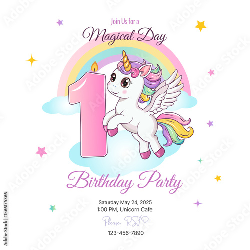 Birthday party invitation. Template. Милый единорог с цифрой 1. Vector illustration