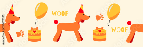 Seamless festive pattern of cute dogs in colorful hats. A puppy party.  Vector illustration