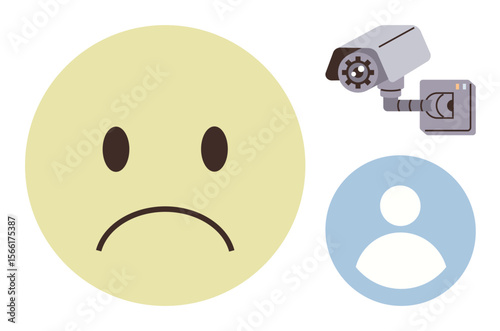 Sad face symbol alongside a surveillance camera and user silhouette explores themes of privacy, surveillance, and emotional impact. Ideal for data privacy, security, ethics, monitoring, emotion