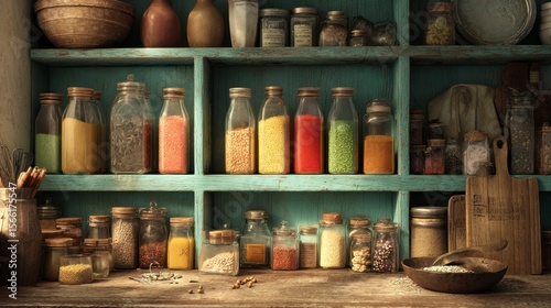 Fototapeta Naklejka Na Ścianę i Meble -  Colorful spice jars on shelves