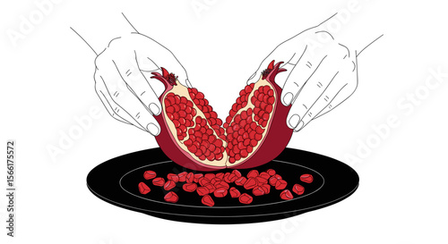 Hands breaking open a pomegranate on a black plate with seeds on white background, fruit preparation concept
