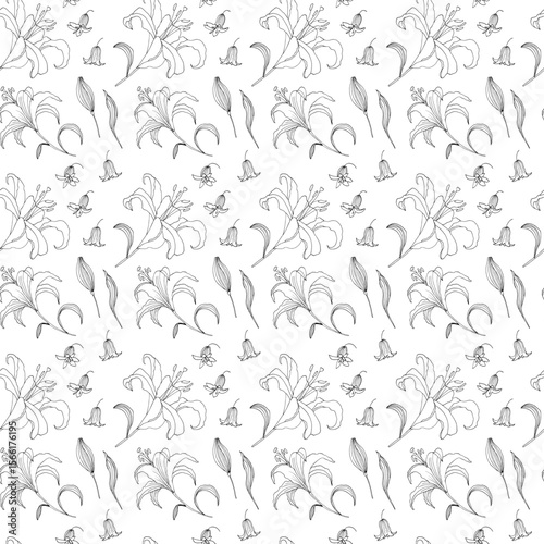 Seamless pattern with lilies on white background. Hand-drawn black and white illustration for wallpaper, wedding, background, cards. 