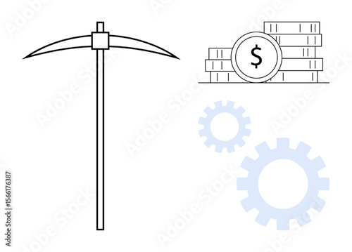 Pickaxe alongside stacked coins and gears, symbolizing mining, profit generation, industrialization, and mechanics. Ideal for finance, technology, mining, wealth innovation economics process