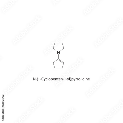 N-(1-Cyclopenten-1-yl)-pyrrolidine skeletal structure. Heterocycle compound schematic illustration. Simple diagram, chemical formula.