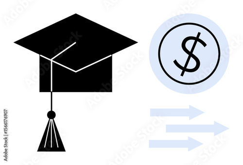 Black graduation cap beside a dollar sign encircled with forward arrows. Ideal for education, tuition, cost, finance, career growth, scholarships, investments. Simple flat metaphor