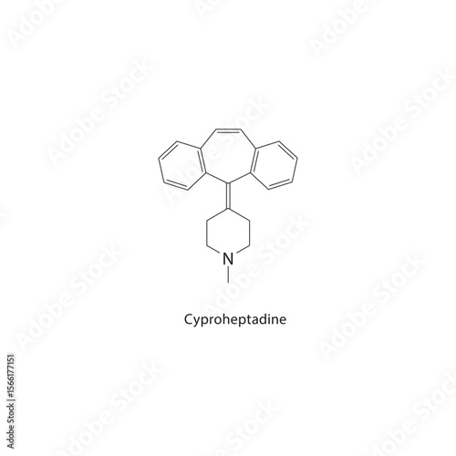 Cyproheptadine skeletal structure. Antihistamine compound schematic illustration. Simple diagram, chemical formula.