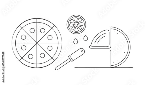 Simple line art illustration of a pizza slice a whole pizza a lemon slice and a pizza cutter on a white background