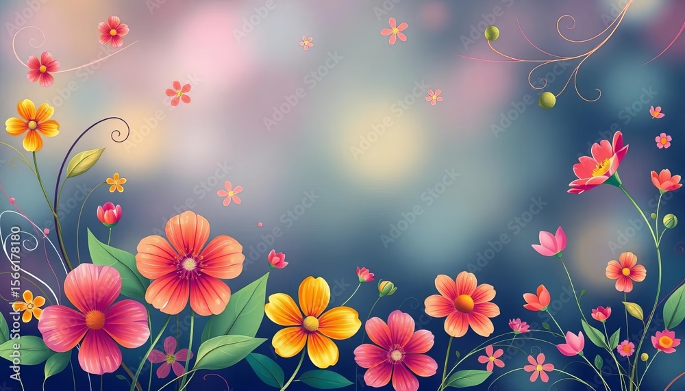 Fototapeta premium Abstract spring vector background with vibrant flowers, leaves, and swirling lines, perfect for cards and banners, vibrant, banner