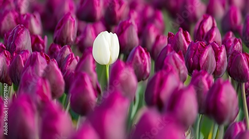 One bright white tulip stands out among vibrant purple blossoms in a lush field