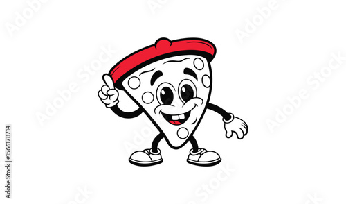 Happy cartoon slice of pizza wearing a red beret and pointing with a finger