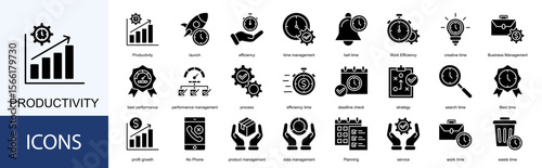 Productivity icon collection set. Containing launch, efficiency, time management, bell time, Work Efficiency, creative time icon