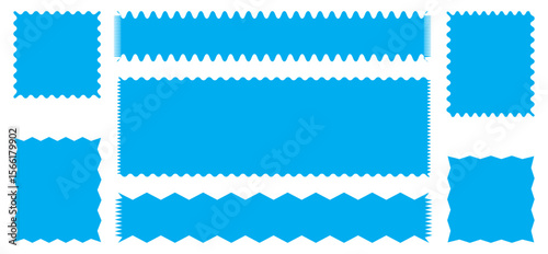 Zig zag edge rectangle shape collection. Jagged rectangle. Isolated elements for design of text box, badge, banner
Set of postage stamps in white with zigzag edges in horizontal and square format