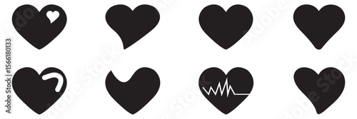  Heart silhouette set. Simple vector heart icon set. Black heart icons. Valentine's Day symbol. Black color heart illustration isolated on white background. 