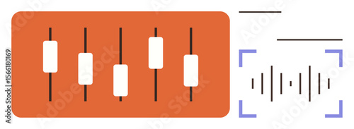Audio control sliders aligned on a rectangular board with adjacent sound wave visualization. Ideal for sound editing, music production, volume management, audio engineering, podcasting, technology