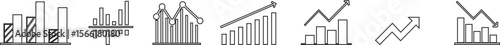 Growth bar line art icon set. Vector logo of an increasing chart. Business statistics and data analysis symbol. Represents business growth, profit increase with upward arrow and bar chart elements.