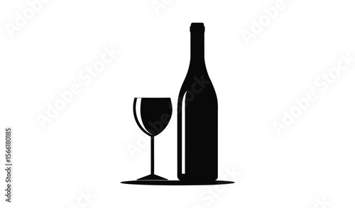 Simple black silhouette of a wine bottle and a wine glass on a white background