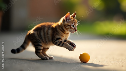 A photograph of a cat playfully batting at a toy, captured with a sense of movement and energy.