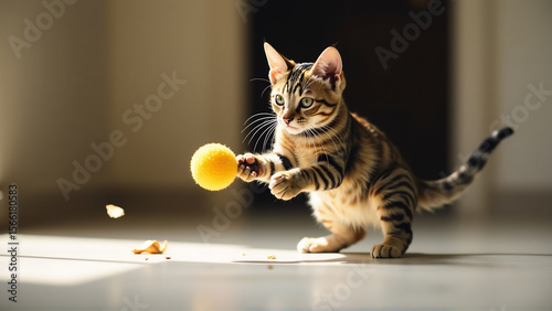 A photograph of a cat playfully batting at a toy, captured with a sense of movement and energy.