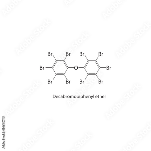 Decabromobiphenyl ether skeletal structure. Flame retardant compound schematic illustration. Simple diagram, chemical formula.