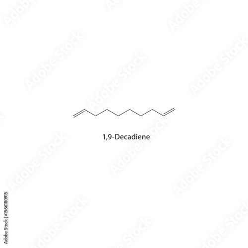 1,9-Decadiene skeletal structure. Diene compound schematic illustration. Simple diagram, chemical formula.