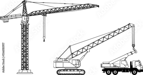 a schematic diagram of a tower crane, a crawler crane and a truck crane, black and white background
