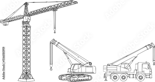 a schematic diagram of a tower crane, a crawler crane and a truck crane, black and white background

