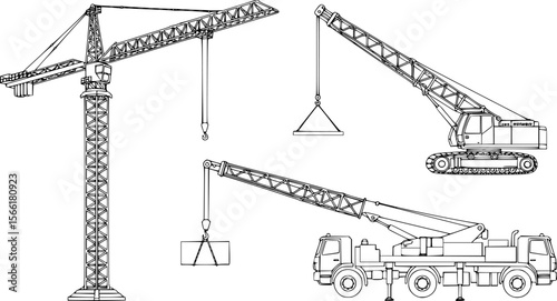 a schematic diagram of a tower crane, a crawler crane and a truck crane, black and white background

