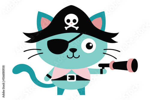 Whimsical pirate cat with an eyepatch holding a telescope