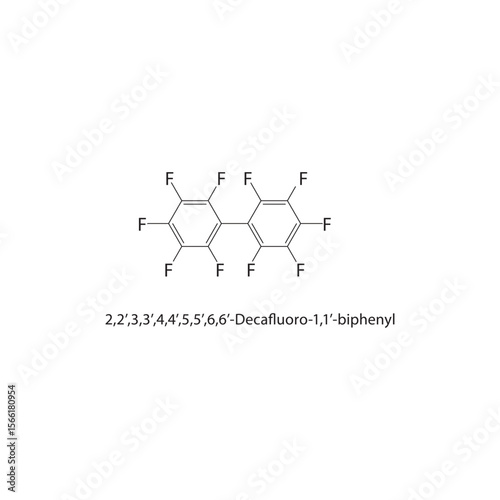 2,2’,3,3’,4,4’,5,5’,6,6’-Decafluoro-1,1’-biphenyl skeletal structure. Fluorinated biphenyl compound schematic illustration. Simple diagram, chemical formula.