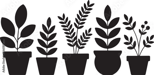 Collection of potted plants Simple silhouette illustrations of various houseplants in pots, perfect for home decor, gardening, and nature-themed designs.