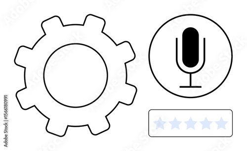 Gear symbol for settings, microphone icon for voice commands, and five-star rating for user reviews. Ideal for technology, voice assistant, feedback, engineering, app interface, web design simple