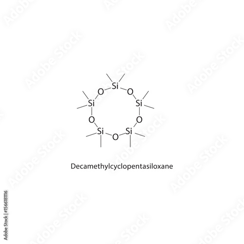 Decamethylcyclopentasiloxane skeletal structure. Siloxane compound schematic illustration. Simple diagram, chemical formula.