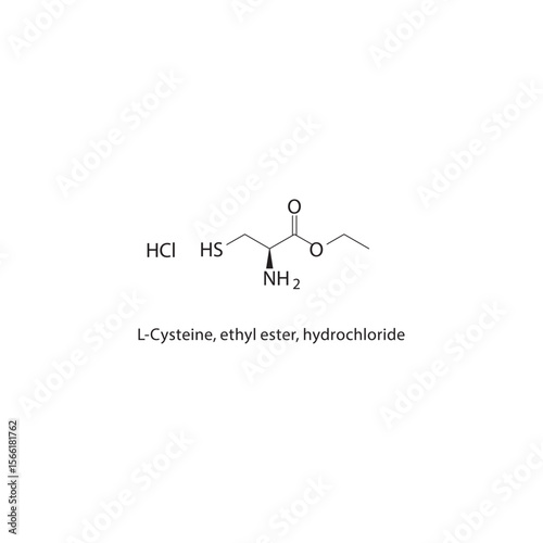 L-Cysteine, ethyl ester, hydrochloride skeletal structure. Amino acid ester compound schematic illustration. Simple diagram, chemical formula.