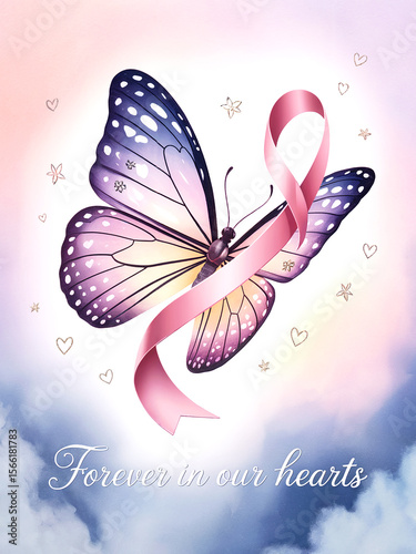 Butterfly with pink ribbon and hearts forever in our hearts