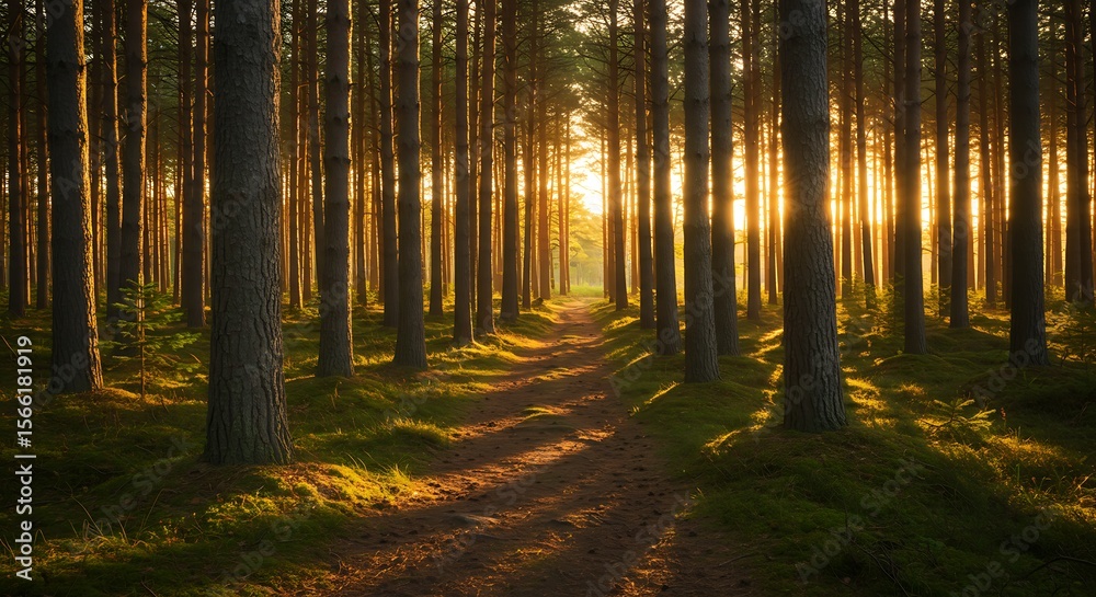 Fototapeta premium Sunlit Forest Path: Golden Hour Sunlight Illuminating Tall Trees and Mossy Ground