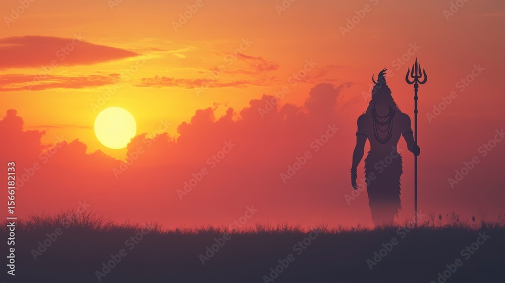 Fototapeta premium Silhouette of a Hindu god walking at sunset.