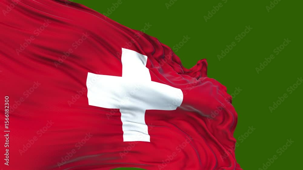 flag of switzerland. close up of switzerland flag blowing in the wind. switzerland flag loop. green screen