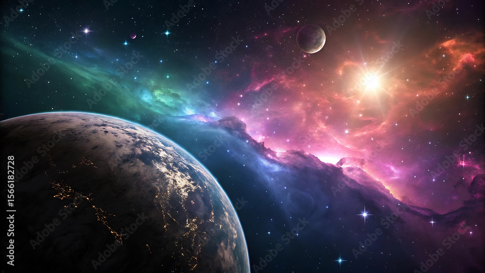 Obraz premium Celestial Tapestry A Cosmic Dance of Planets Stars and Nebula Painting a Breathtaking Vista of the Universe's Infinite Beauty