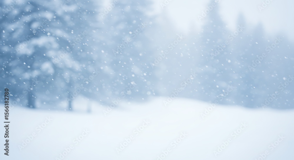 Winter Wonderland Scene: Snowfall Over Blurry Forest and White Landscape Winter Wonderland Scene: Snowfall Over Blurry Forest and White Landscape